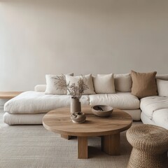 A brightly lit living room showcases modern and earthy minimalism