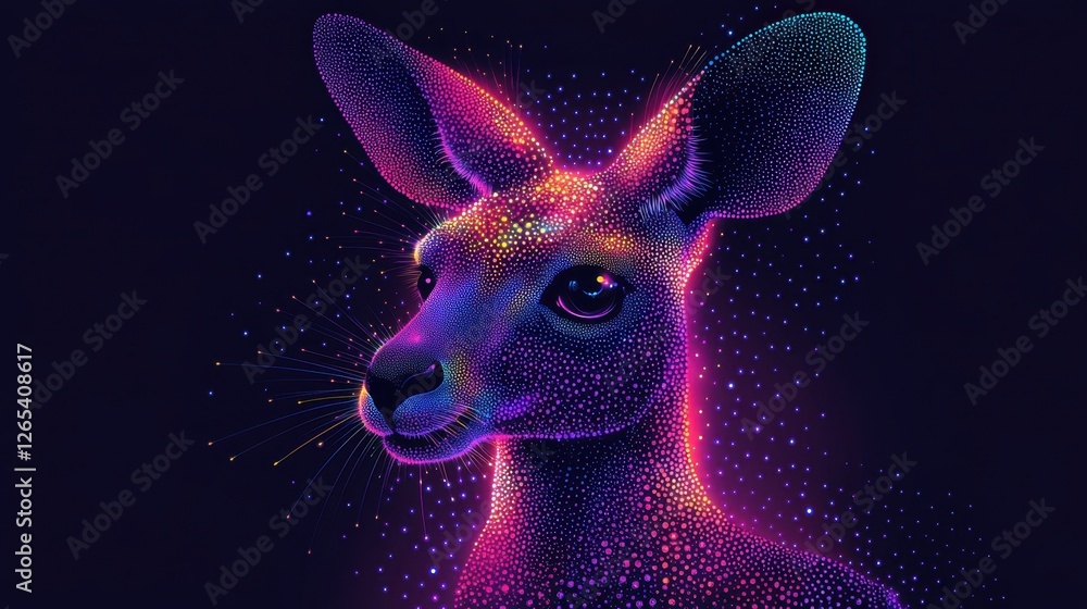 Poster a colorful, glowing head of a kangaroo. the image is a work of art, with the kangaroo's features and