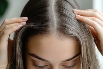 Naklejka premium Portrait of a beautiful young woman examining her scalp and hair in front of the mirror, hair roots, color, grey hair, hair loss or dry scalp problem, Generative AI