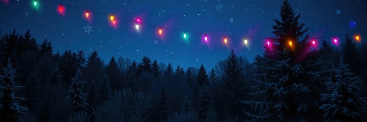 Fototapeta premium The night sky is filled with twinkling colorful Christmas lights as a frosty forest backdrop provides a magical setting, winter magic, colored christmas lights