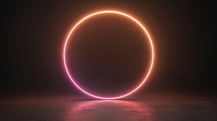 Glowing neon circle, dark studio, abstract background, futuristic design