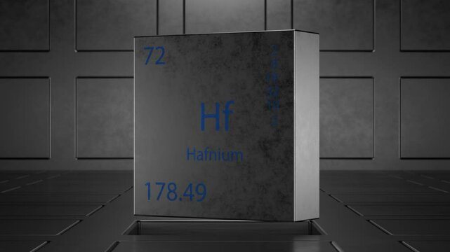 Rotating metal cube showing chemical element Hafnium. Design of chemical element Hafnium showing element name, atomic weight and number. Hafnium in the periodic table. Rare earth metal.