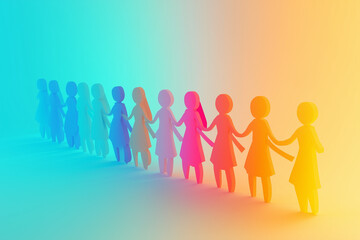 A group of diverse people standing together in unity, forming a human chain to break down a wall, with copy space. Bright optimistic lighting. Symbolic equality background. 