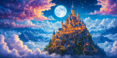 Obraz premium Majestic Fairytale Castle on a Mountaintop under a Full Moon