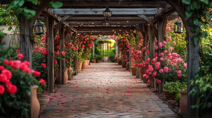 Fototapeta premium Rose-lined pergola walkway, garden path, evening light, vibrant blooms