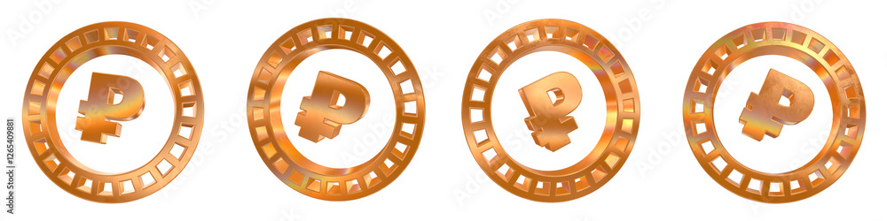 Poster set of 4 3d ruble coin shapes with golden and rainbow effects isolated on a transparent background. 