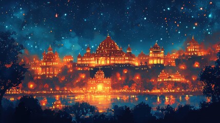 Fototapeta premium Enchanted Night Cityscape: A Magical City by the Lake Under a Starry Sky