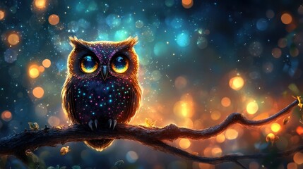 A colorful owl is perched on a branch in a dark background. The owl's eyes are glowing, giving the image a whimsical and magical feel