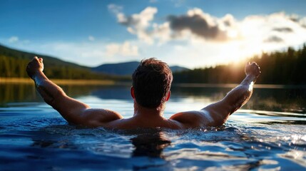 A man experiences joy in nature, standing in a lake with outstretched arms. The sun sets behind him, reflecting beauty and serenity in a breathtaking landscape.