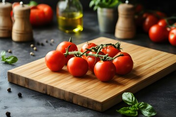Fresh Cherry Tomatoes on Vine Resting on a Wooden Cutting Board Still Life