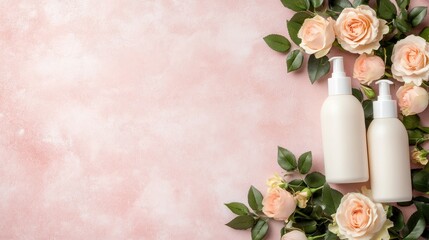 Beautifully arranged beauty products on a soft pink backdrop surrounded by fresh roses, ideal for showcasing cosmetics and skincare
