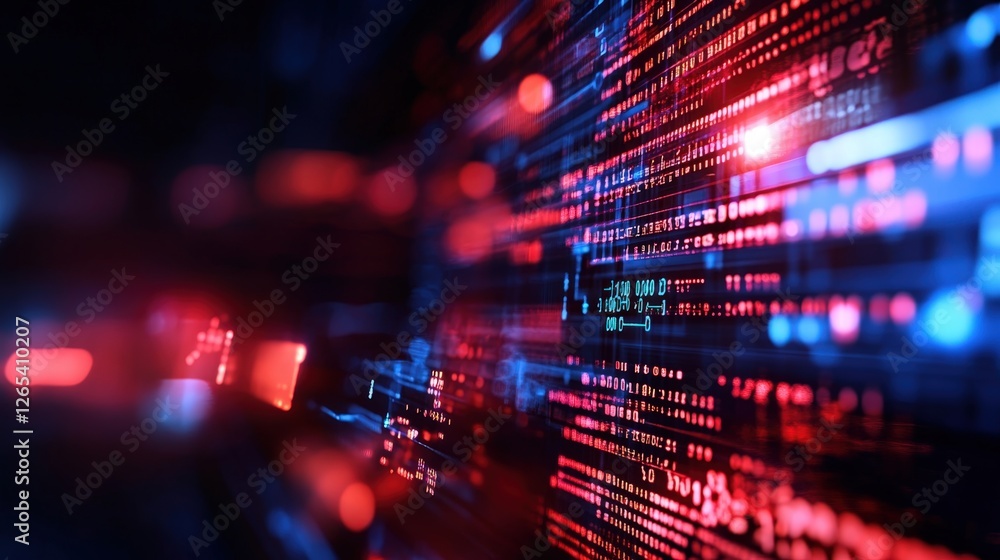 Poster an abstract representation of digital data flow, featuring vivid red and blue lights against a dark 