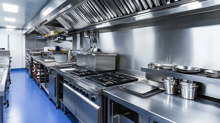 Professional Kitchen, Stainless Steel Appliances, Powerful Ventilation, Bright Ceiling Lights