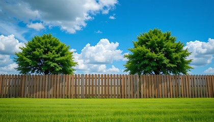 Fototapeta premium Beautiful Wooden Fence Separating Lush Green Grass and Trees Under a Sunny Blue Sky
