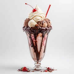 Decadent Chocolate Sundae with Whipped Cream, Cherries, and Drizzled Chocolate Syrup in a Glass Cup