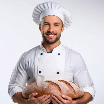 panaderos, panaderia, empleado con pan en las manos, sobre fondo blanco