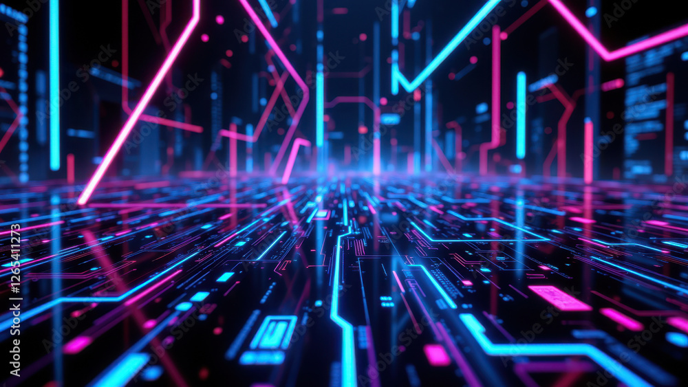 Poster a futuristic cybernetic landscape with digital grid lines and neon colors, representing a ci/cd pipe