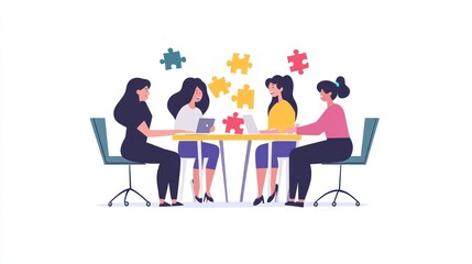 Teamwork and collaboration illustration, women connecting puzzle pieces together