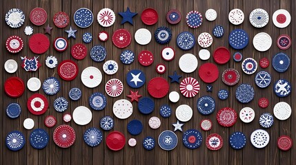 Red White And Blue Circular Patterns On Dark Wooden Background