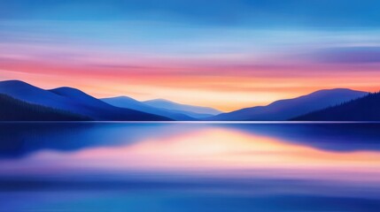Obraz premium A tranquil scene of mountains reflected in a serene lake at sunset. The sky is painted with vibrant hues of orange, pink, and blue, creating a peaceful atmosphere.