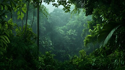 Fototapeta premium Lush Green Rainforest Sunlight Through Canopy