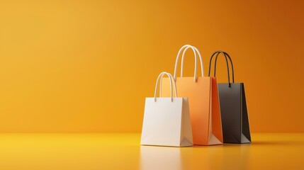 Colorful Paper Bags on Vibrant Yellow Background for Shopping Themes