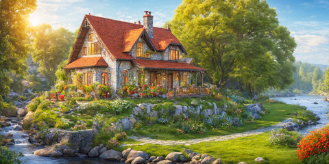 Fototapeta premium Idyllic Stone Cottage by the River