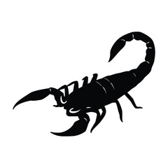 A striking, bold black silhouette of a scorpion against a pure white background.