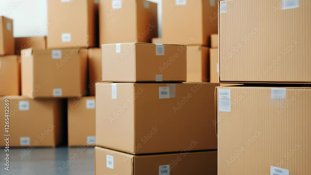 Poster stack of delivery boxes with branding featuring bold typography on cardboard packaging for shipping 