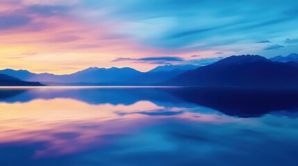 A serene landscape showcasing a tranquil lake reflecting stunning sunset colors of purple and orange, surrounded by majestic mountains, creating a peaceful and picturesque scene.