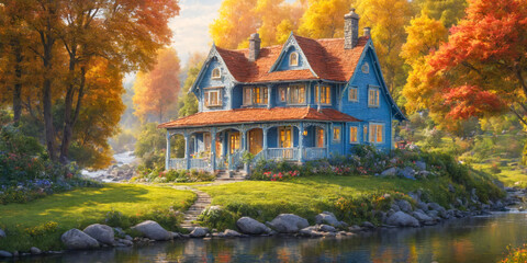 Fototapeta premium Charming Blue House by the River in Autumn