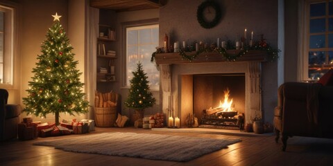 Traditional Christmas tree in front of a warm fireplace, holiday season,