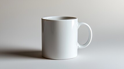 Fototapeta premium White mug on surface for mockup use; shadow on light backdrop