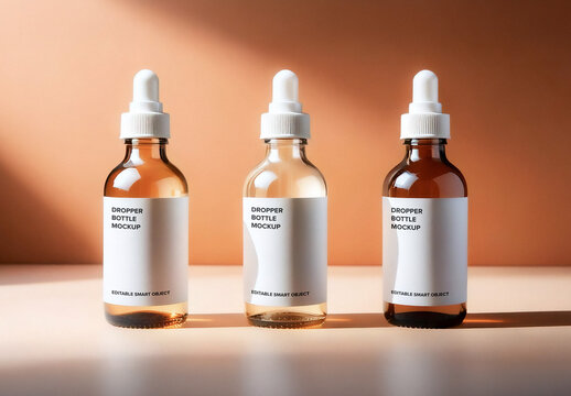 Set of 3 Dropper Bottles Mockup with Soft Shadows