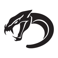 A stylized, aggressive snake head graphic in bold black silhouette against a pure white background.