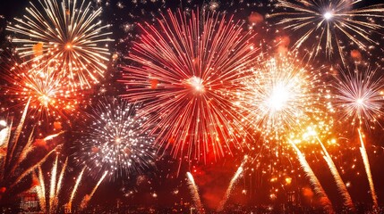 Fototapeta premium Spectacular Fireworks Display Over Cityscape at Night A vibrant celebration
