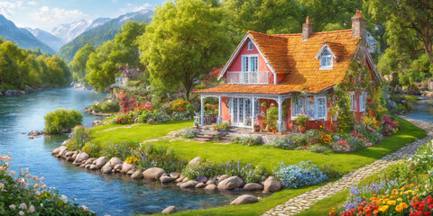 Obraz premium Idyllic Cottage by the River.