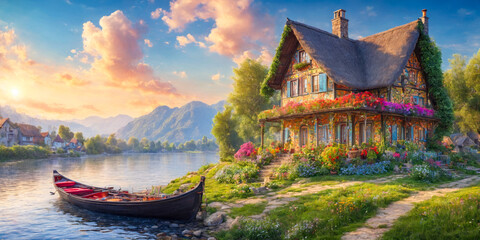 Fairytale Cottage by the River at Sunset.