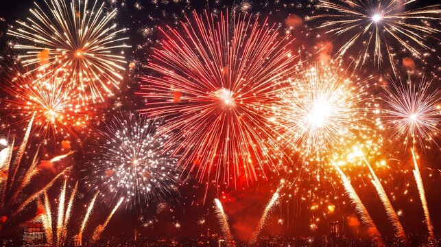 Spectacular Fireworks Display Over Cityscape at Night A vibrant celebration