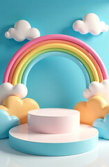 Empty podium on blue background, rainbow and clouds, cute kids studio, template.