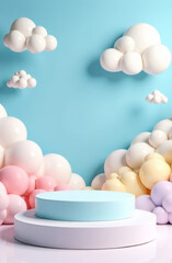Fototapeta premium Empty podium on blue background, rainbow and clouds, cute kids studio, template.