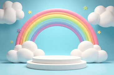 Empty podium on blue background, rainbow and clouds, cute kids studio, template.