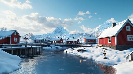 Red Houses in Snowy Lofoten Islands, Norway