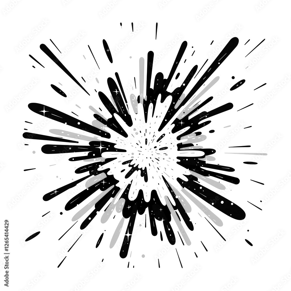Poster dynamic black ink splatter pattern on transparency background, resembling explosive burst. chaotic d