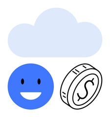Blue cloud, smiling blue face, black-and-white coin with dollar sign. Ideal for cloud storage, financial growth, digital solutions, user satisfaction, technology services, online economy abstract