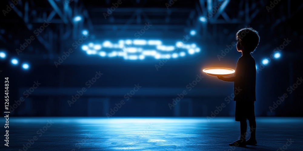 Poster a silhouette of a child holding a glowing object in a dimly lit space, illuminated by blue lights ab