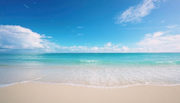 serene tropical beach with crystal clear turquoise water and white sand under a blue sky, ideal for travel promotions