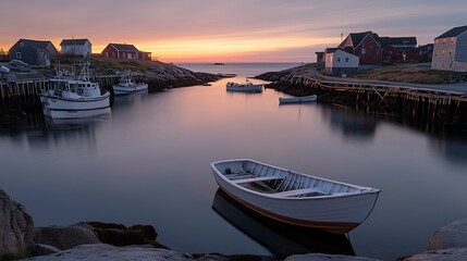 Fototapeta premium Serene Sunrise Over Coastal Fishing Village And Boats
