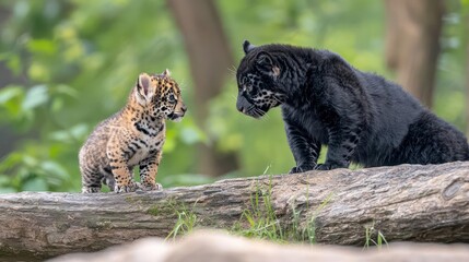 Obraz premium Jaguar Cub And Black Jaguar On A Log