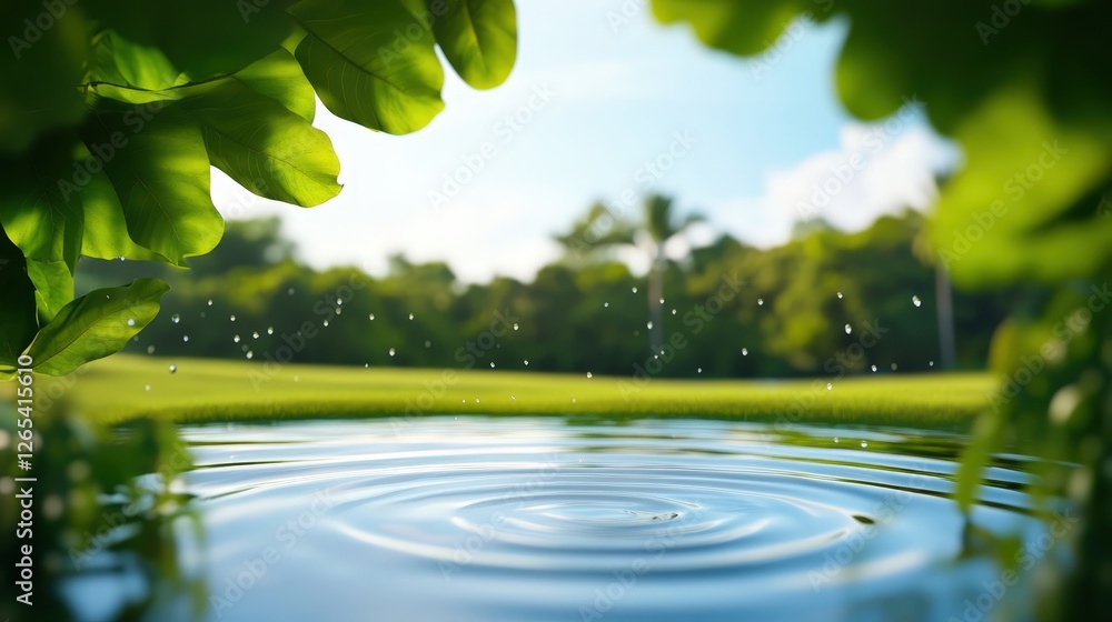 Poster a serene view of a tranquil pond surrounded by lush greenery, with sunlight filtering through the le